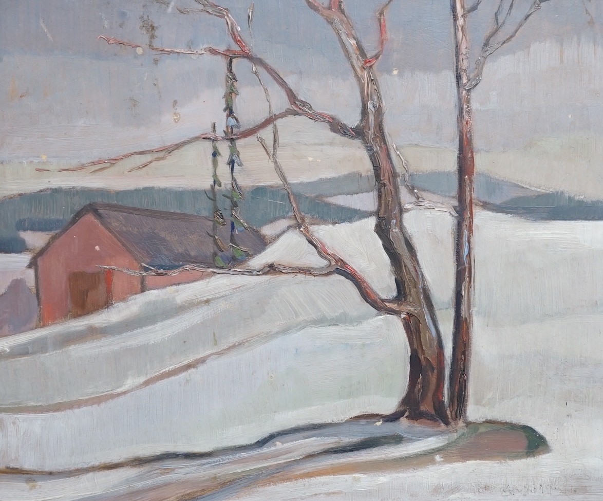 Swedish School, oil on board, Tree in a winter landscape, indistinctly signed, 30 x 35cm